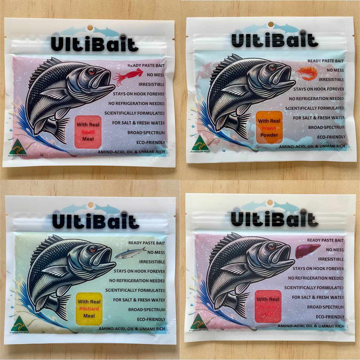 A Pack of Four (1 x 4 types) of Our Paste Baits – Pilchard, Shrimp, Squid and Chicken Liver